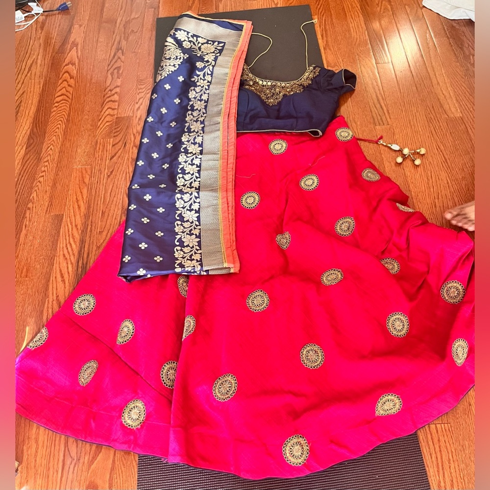 Dark pink and blue Indian lehenga